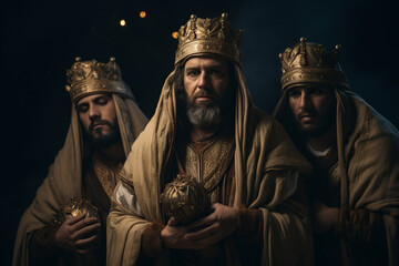 The three wise men or three kings on a journey to see the baby jesus - obrazy, fototapety, plakaty