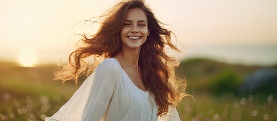 In a picturesque spring sunset, a happy woman with flowing hair exemplified the essence of beauty in her stylish summer fashion, radiating a cute smile and confidence while attending a party, her - obrazy, fototapety, plakaty