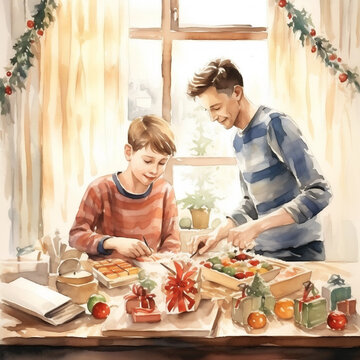 Happy son and father cooking together and preparing for Christmas. Cozy and calm holiday atmosphere. Hand painted watercolor illustration on simple light background