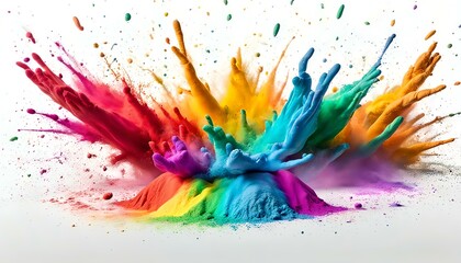 colorful vibrant rainbow Holi paint color powder explosion with bright colors isolated,  Abstract closeup dust on backdrop. Colorful explode. Paint holi, rainbow, explosion of colored powder.
