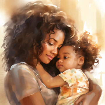 Happy African young mother and her toddler daughter are hugging peacefully and calmly. Hand painted watercolor illustration on simple light background