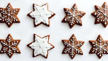 Homemade christmas cookies on white background, top view, flat lay, gingerbread cookies, snowflakes cookies.