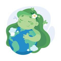 Ecology with Girl Character Embrace Earth Globe Enjoy Sustainable Lifestyle Vector Illustration