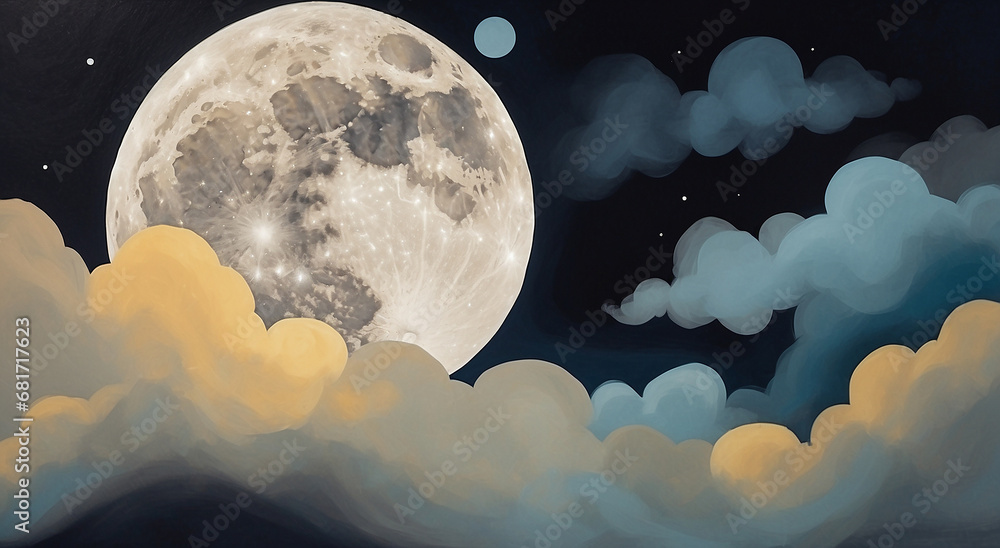 Poster an abstract painting showing the moon and clouds, in the style of nostalgic illustration - ai genera