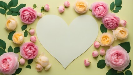 roses with heart A pastel background with pink flowers and a paper heart. The background is yellow and green  