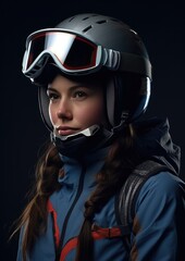 Beautiful young woman with a ski helmet and goggles on a dark background. Generative AI.