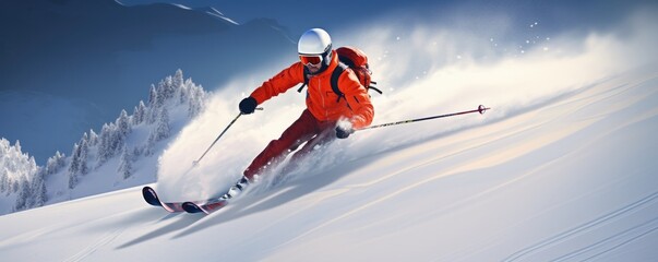 A skier skis downhill. Carving arch. Generative AI.