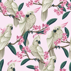 Seamless pattern with cockatoo, tropical leaves and flowers. Vector. © Yumeee