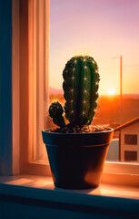 Cactus in a pot on the windowsill against the background of the setting sun