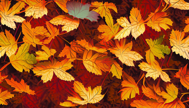 Illustrative background of fallen leaves in autumn. Red and orange colors. Image also used as texture.