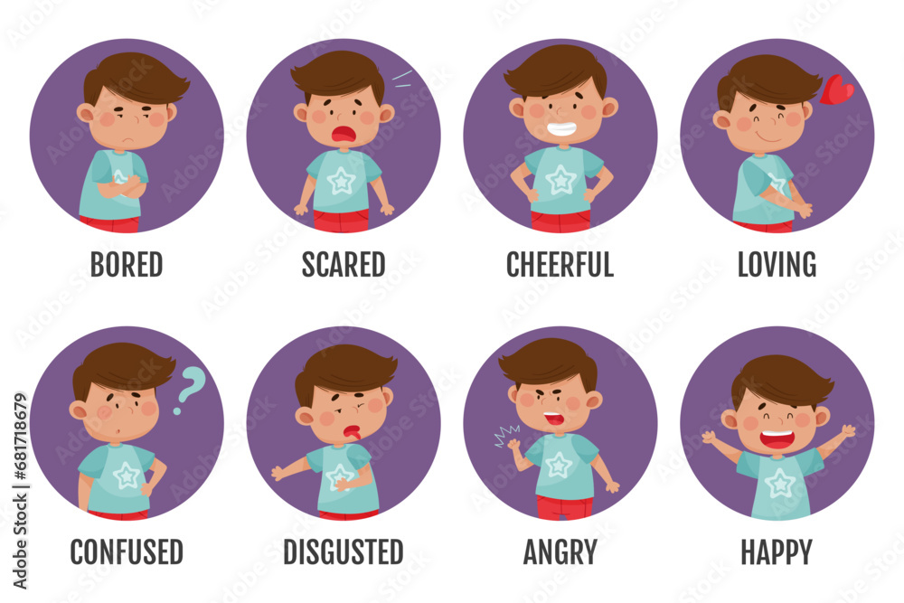 Poster boy character show emotion and face expression vector set