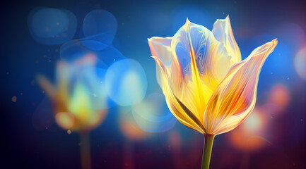 A detail of glowing yellow tulip with an abstract neon outline set against a starry night backdrop.