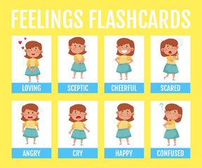 Girl Character Show Emotion and Face Expression Flashcard Vector Set