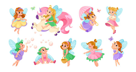 Cute Fairy and Little Pixie with Wings Vector Set