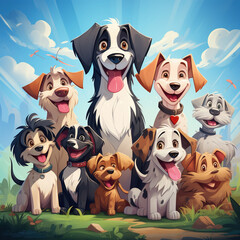 Cute humorous dogs, a group of colorful pets in nature. Cartoon animal illustration