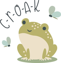 Flat vector children's illustration. Cute frog and dragonflies. Croak lettering. Vector illustration
