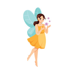Beautiful Fairy and Pixie in Yellow Dress with Wings Vector Illustration
