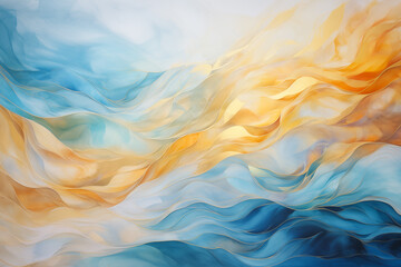 Abstract ocean wave with sun and sky art, curvy lines and fluid swirls. Happy blue, yellow pastel colors summer sky vacation background, watercolor graphic resource, copy space, backdrop for text - obrazy, fototapety, plakaty
