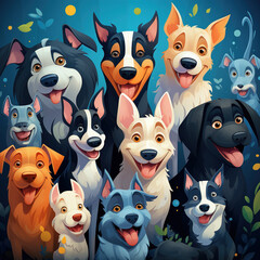 Cute happy dogs, group of colorful pets cartoon animal illustration