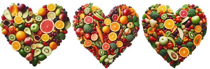 Naklejka na ściany i meble Rainbow heart of fruits and vegetables studio isolated on white background go vegetarian love healthy eating concept. Generative AI.