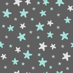Seamless vector pattern. Cute blue and gray sea stars. Illustration in naive style. Vector illustration
