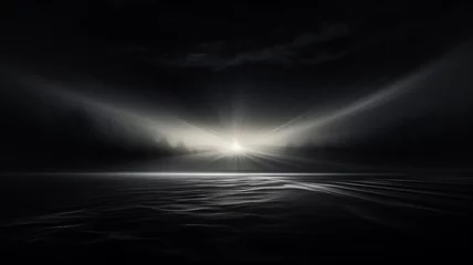 Foto auf Alu-Dibond Landschaft mit Bäumen und Himmel (dunkel gehalten) mit sehr hellem Lichteffekt in schwarz weiß und mit Platz für Text. 16:9 Querformat. Generative Ai. © Michael