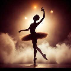 silhouette of a ballerina on stage in smoke and dramatic light. ai generative