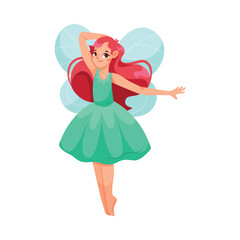 Beautiful Fairy and Pixie in Green Dress with Wings Vector Illustration
