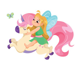 Obraz na płótnie Canvas Cute Fairy and Little Pixie with Wings in Dress Ride Unicorn Vector Illustration
