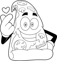 Outlined Smiling Pizza Slice Cartoon Character Giving Heart. Vector Hand Drawn Illustration Isolated On Transparent Background
