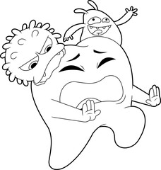 Outlined Tooth Cartoon Character Attacked By Germs. Vector Hand Drawn Illustration Isolated On Transparent Background
