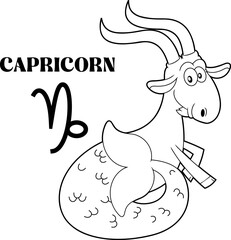 Outlined Capricorn Cartoon Character Horoscope Zodiac Sign. Vector Hand Drawn Illustration Isolated On Transparent Background