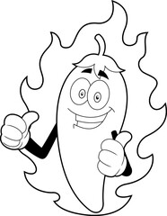 Outlined Smiling Hot Chili Pepper Cartoon Character. Vector Hand Drawn Illustration Isolated On Transparent Background