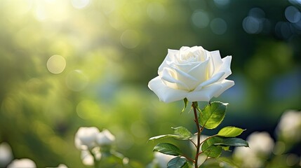 In the summer garden, a beautifully isolated white rose, with its delicate texture and vibrant color, adds a touch of nature's beauty to the wedding design, symbolizing love and happiness in the light