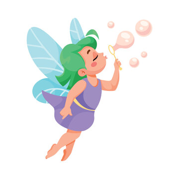 Cute Fairy and Little Pixie with Wings Soap Bubble Vector Illustration