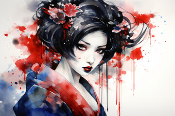geisha colored with watercolors - obrazy, fototapety, plakaty