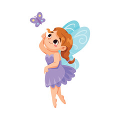Cute Fairy and Little Pixie with Wings and Butterfly Vector Illustration