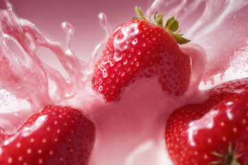 truskawki wpadają do jogurtu, Fotorealistyczna ilustracja truskawki.	 - obrazy, fototapety, plakaty