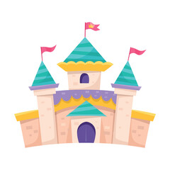 Fototapeta premium Medieval Fairy Castle with Towers and Flags Vector Illustration