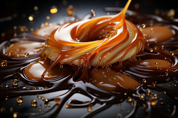 Splashes of chocolate and milk caramel in different variations. Generative AI.