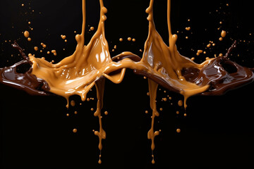 Splashes of chocolate and milk caramel in different variations. Generative AI.