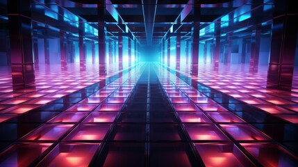 Obraz premium Cyan blue and purple grids with neon glow light line