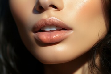 Naklejka premium A beautiful Asian woman with glossy and moist lips adorned with stylish pink lipstick makeup. Cosmetic concept. Lip beauty. Open mouth with white teeth. Close-up view.