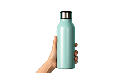 Close-up of female hand, holding blue reusable steel stainless eco thermo water bottle with mockup, isolated on transparent background. Be plastic free. Zero waste.