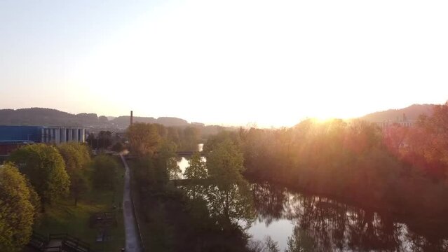 View of the Besaya river in Torrelavega with aerial drone view