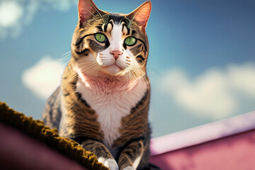 Um gato malhado, deitado sobre o telhado de uma casa, com o céu ao fundo. - obrazy, fototapety, plakaty