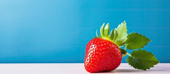 In the isolated kitchen, against the abstract background, a vibrant red strawberry sits on a leaf,...