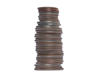 Column dollars metal, cash money, coin isolated on white, side view, clipping path