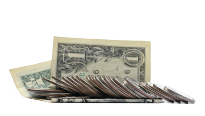  Set dollars metal, cash money, coin and one dollar bill isolated on white, side view