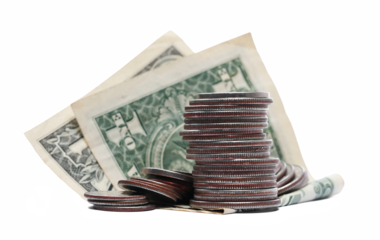 Set dollars metal, cash money, coin and one dollar bill isolated on white, side view